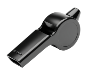 A glossy black whistle with a small mouthpiece and a small ring on top is on a clean white surface. The whistle is a piece of sports equipment. Isolated transparent background ( cut-out PNG file ).