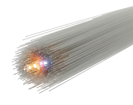A long bundle of fiber optic cables with illuminated ends is on a clean white surface. The cables are a piece of high-speed networking technology. Isolated transparent background ( cut-out PNG file ).