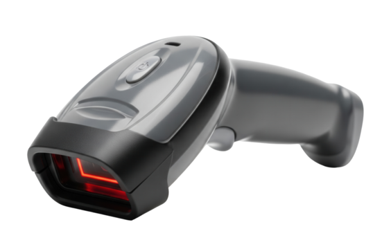 A sleek, handheld black and gray barcode scanner with a red laser light is on a clean white surface.Isolated transparent background ( cut-out PNG file ). - Powered by Adobe