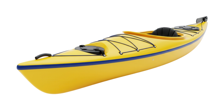 A long, sleek, yellow kayak with black and blue stripes is on a clean white surface. The kayak is a piece of water sports equipment. Isolated transparent background ( cut-out PNG file ). - Powered by Adobe