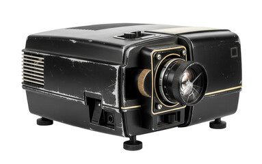 A worn black vintage slide projector with a cracked lens and gold trim is on a clean white surface. The projector is an old film device. Isolated transparent background ( cut-out PNG file ).
