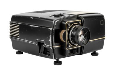 A worn black vintage slide projector with a cracked lens and gold trim is on a clean white surface. The projector is an old film device. Isolated transparent background ( cut-out PNG file ).