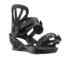 A sleek black snowboard binding with two adjustable straps and buckles is on a clean white surface. Isolated transparent background ( cut-out PNG file ).