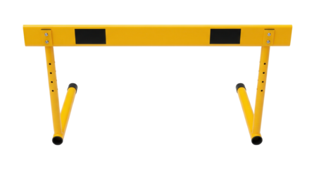 A large yellow and black metal hurdle with adjustable legs and two black rectangular panels is on a clean white surface. Isolated transparent background ( cut-out PNG file ).