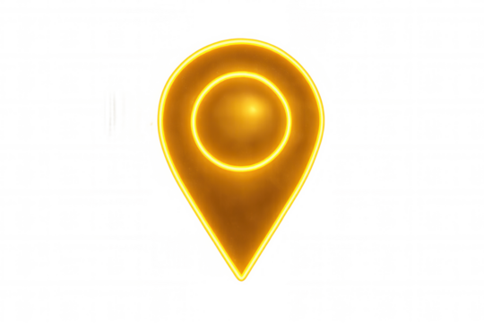 Glowing neon location pin radiating golden light, marking position on transparent backdrop for navigation and mapping design