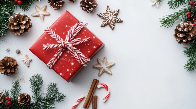 Overhead shot of a red christmas gift with candy cane ribbon and festive decorations on white backdrop