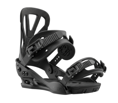 A sleek black snowboard binding with two adjustable straps and buckles is on a clean white surface. Isolated transparent background ( cut-out PNG file ).
