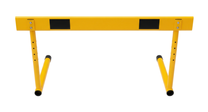 A large yellow and black metal hurdle with adjustable legs and two black rectangular panels is on a clean white surface. Isolated transparent background ( cut-out PNG file ).