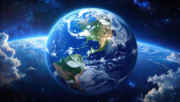 Planet Earth from Space with Glowing Atmosphere, Stars, and Clouds