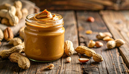 Glass jar filled with sweet honey and nuts next to a cup of fresh coffee beans with cinnamon sticks on a wooden surface