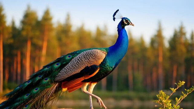 Colorful peacock displaying bright plumage in forest setting