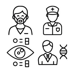 Four distinct line art icons depict medical personnel and scientific concepts like eyes and DNA, symbolizing healthcare and biology.