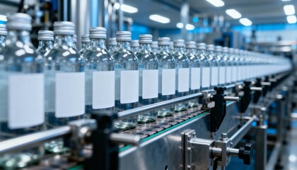 Automated Bottling Line: Glass Bottles with White Labels Moving on a Conveyor in a Factory