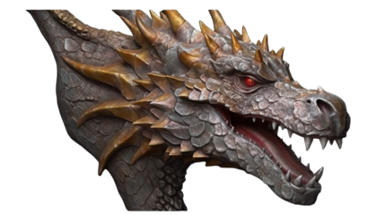 Close-up of a stylized dragon head.  Fierce, detailed