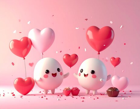 Cute Valentine Characters with Heart Balloons and Chocolates on Pink Background