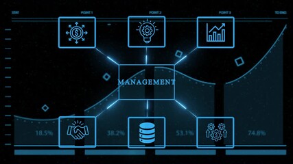 Futuristic management concept with glowing blue icons representing various aspects of business strategy and data analysis on a dark background - Powered by Adobe