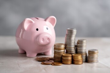 Piggy bank and stacks of coins representing savings and financial growth