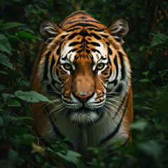 Tiger Emerging from Jungle, Close-Up Eye-Level Wildlife Photography with Cinematic Lighting”