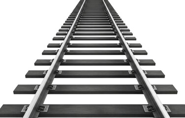 A straight length of railroad track with dark metal rails and wooden ties is on a clean white surface. Isolated transparent background ( cut-out PNG file ).