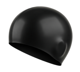 A shiny black swim cap with a smooth, glossy texture and a slight wrinkle is on a clean white surface. The cap is a piece of swimming equipment. Isolated transparent background ( cut-out PNG file ).