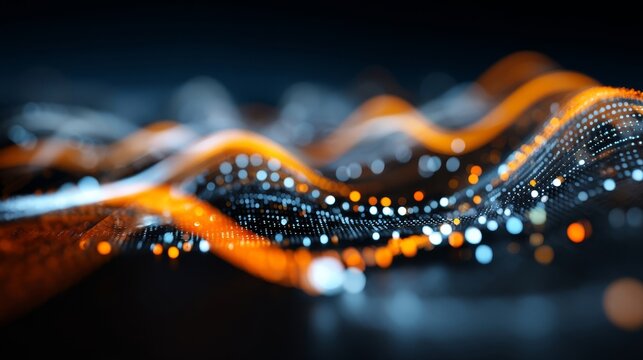 Abstract digital connectivity with vibrant flowing lines in warm orange and cool blue tones,