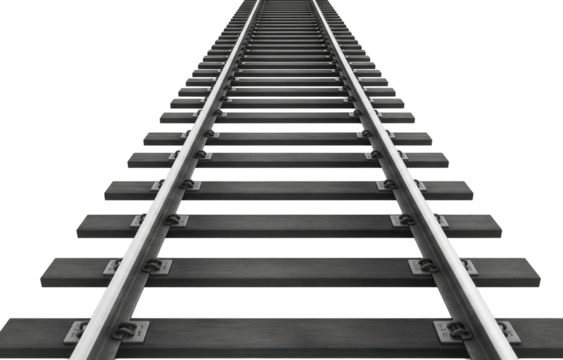 A straight length of railroad track with dark metal rails and wooden ties is on a clean white surface. Isolated transparent background ( cut-out PNG file ).