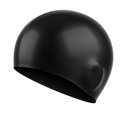 A shiny black swim cap with a smooth, glossy texture and a slight wrinkle is on a clean white surface. The cap is a piece of swimming equipment. Isolated transparent background ( cut-out PNG file ).