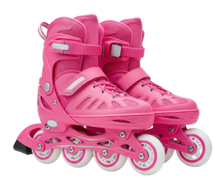A pair of pink inline skates with a hard plastic shell and white wheels are on a clean white surface. Isolated transparent background ( cut-out PNG file ).