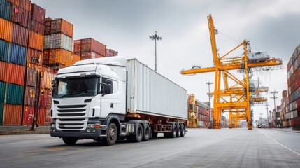 Fototapeta premium Cargo Truck Transporting Shipping Container at Port Terminal, Logistics and Global Supply Chain Industry