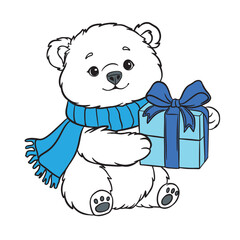 Cute polar bear in warm blue scarf sitting with festive gift box. Christmas and New Year vector illustration for winter holiday design