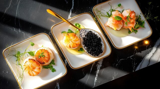 Ceramic plate arrangement displaying gourmet seafood delicacies with caramelized scallops, caviar service and lobster presentation on fine dining gold-trimmed ceramic plates