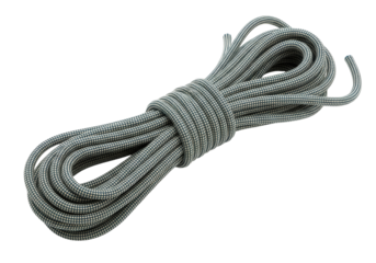 A thick coiled rope with a white and gray pattern is on a clean white surface. The rope is a piece of outdoor climbing gear. Isolated transparent background ( cut-out PNG file ).