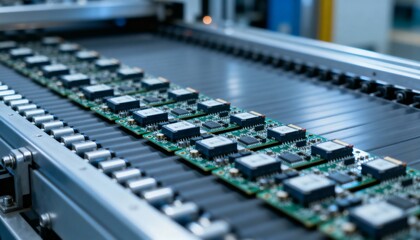 Obraz premium Automated Electronic PCB Circuit Board Production on Conveyor Belt in Modern Factory Setting