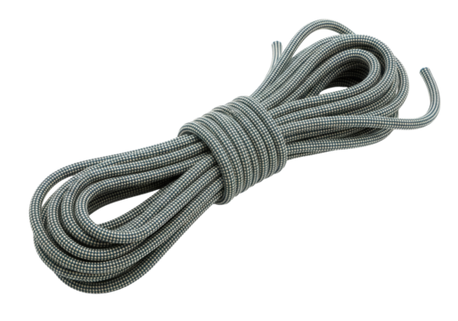 A thick coiled rope with a white and gray pattern is on a clean white surface. The rope is a piece of outdoor climbing gear. Isolated transparent background ( cut-out PNG file ). - Powered by Adobe