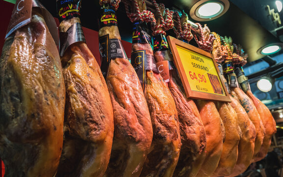 Barcelona, Spain - May 26, 2015: Jamon for sale on famous Mercat de Sant Josep de la Boqueria food market in Barcelona