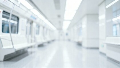 Obraz premium Abstract Blurred Interior of a Modern White Subway Train with Empty Seats and Gleaming Floors
