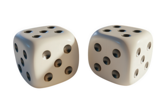 Two white dice showing different numbers isolated on transparent background