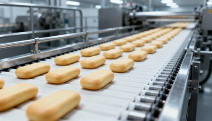Obraz premium Food Industry: Processed Baked Goods on Automated Conveyor Belt in a Modern Factory Setting