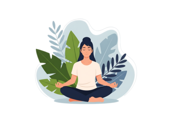 Illustration of woman meditating in lotus pose with plants, peaceful and calm isolated on transparent background
