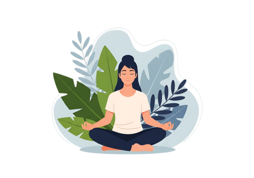 Illustration of woman meditating in lotus pose with plants, peaceful and calm isolated on transparent background