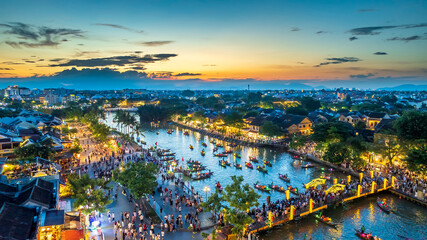 Aerial view of Hoi An ancient town at twilight, Vietnam. Famous old town for travel in Vietnam, UNESCO World Heritage.