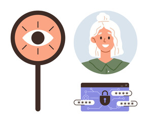 Large eye symbol, smiling female avatar, secure password icon with padlock. Ideal for privacy, security, identity verification, data protection, user authentication, cyber awareness simple flat