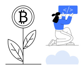 Bitcoin represented as a growing plant alongside a developer coding on a digital screen with cloud storage. Ideal for cryptocurrency, coding, innovation, digital economy, fintech, technology, simple