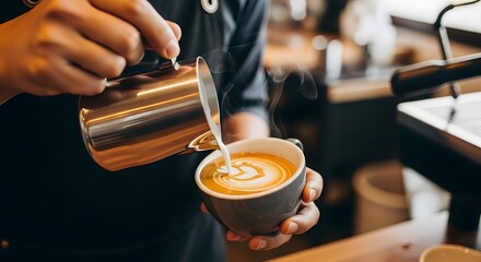 A barista pouring latte art into a coffee cup.
