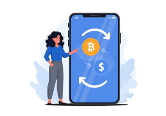 Illustration of woman interacting with smartphone showing bitcoin and dollar exchange isolated on transparent background