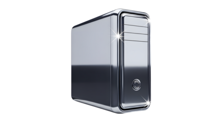 Modern Silver Computer Tower Desktop PC with Reflective Surface on White Background