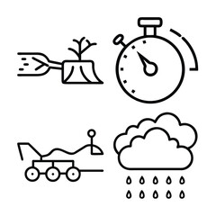 Four black and white line art icons depict deforestation a stopwatch a Mars rover and rain clouds with falling raindrops.