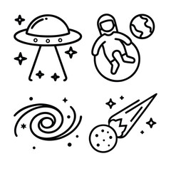A charming collection of four hand-drawn black and white icons depicting space themes including a UFO, astronaut, galaxy, and comet.