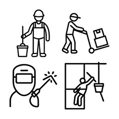 Four simple line art icons depict a cleaner, a delivery person, a welder, and a window washer, illustrating various manual labor jobs.
