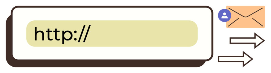 Web URL bar with outgoing arrows, envelope icon, and user symbol showcasing data sharing and digital communication. Ideal for email marketing, internet navigation, file transfer, connection, online